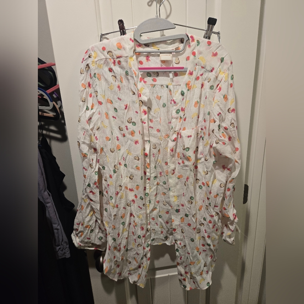 Spring Summer Sale. Fun fruit cherry, kiwi, lemon Top Blose Button Down